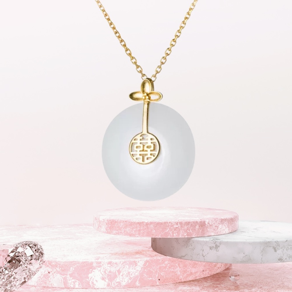 14k Gold Plated White Jade Sterling Silver Necklace Unisex